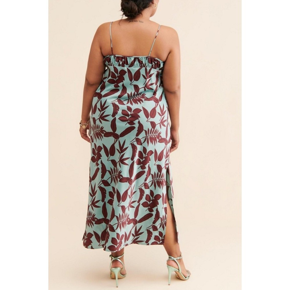 Anthropologie Maxi Slip Dress Size 1X Mint Green Brown Botanical Satin Leg Slit - Picture 4 of 14